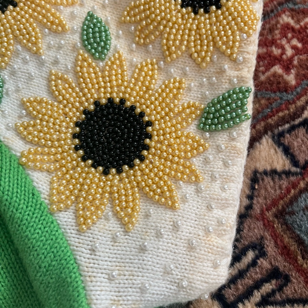 Vintage knit top button down sunflowers beaded green yellow crop blouse M - Picture 6 of 12